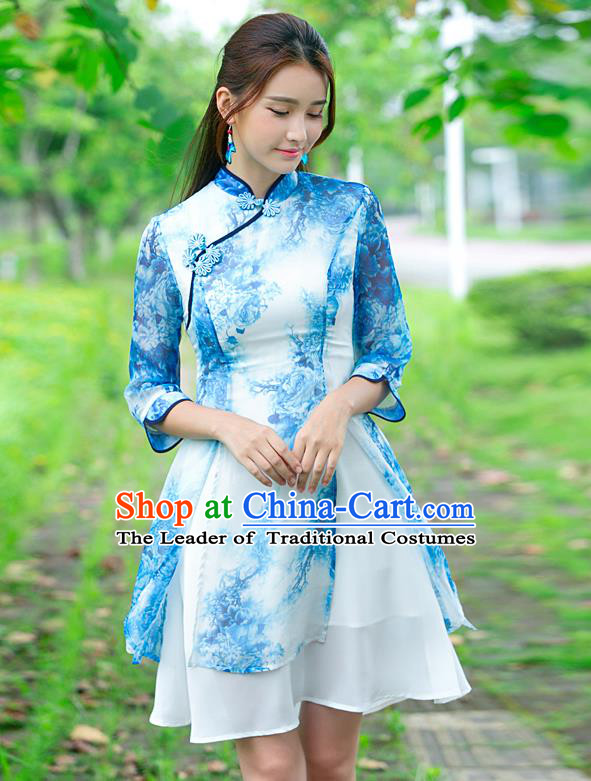 Traditional Ancient Chinese Young Women Cheongsam Dress Republic of China Tangsuit Stand Collar Blouse Dress Tang Suit Clothing for Women