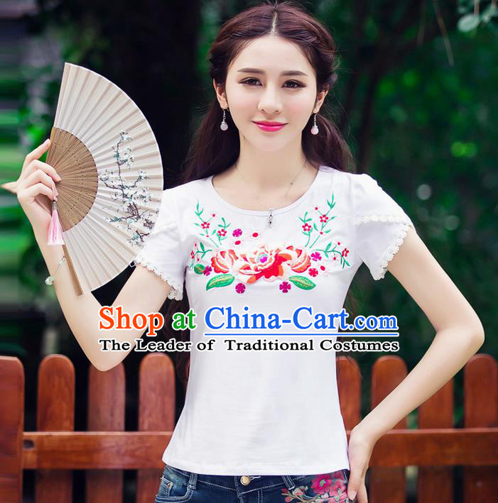 Traditional Ancient Chinese National Costume, Elegant Hanfu Short Sleeve T-Shirt, China Tang Suit Embroidered Peony White Blouse Cheongsam Upper Outer Garment Shirts Clothing for Women