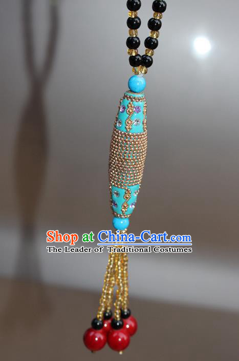 Traditional Chinese Miao Nationality Crafts Jewelry Accessory, Hmong Handmade Black Beads Tassel Blue Pendant, Miao Ethnic Minority Necklace Accessories Sweater Chain Pendant for Women