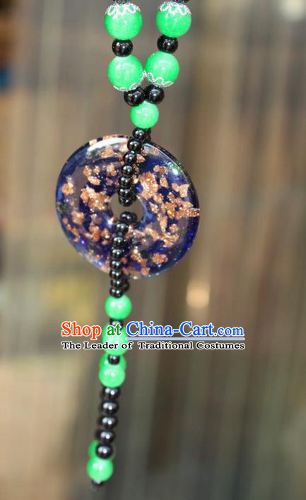 Traditional Chinese Miao Nationality Crafts Jewelry Accessory, Hmong Handmade Green Beads Tassel Pendant, Miao Ethnic Minority Necklace Accessories Sweater Chain Pendant for Women