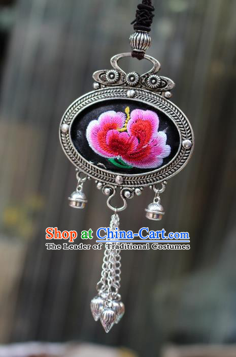 Traditional Chinese Miao Nationality Crafts Jewelry Accessory, Hmong Handmade Miao Silver Bells Tassel Double Side Embroidery Flowers Pendant, Miao Ethnic Minority Bells Necklace Accessories Sweater Chain Pendant for Women