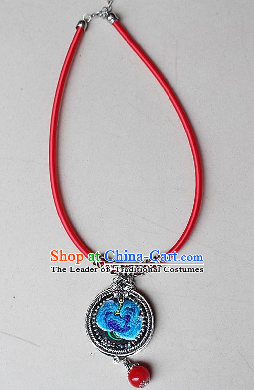Traditional Chinese Miao Nationality Crafts Jewelry Accessory, Hmong Handmade Miao Silver Embroidery Bead Tassel Pendant, Miao Ethnic Minority Bells Necklace Accessories Sweater Chain Pendant for Women