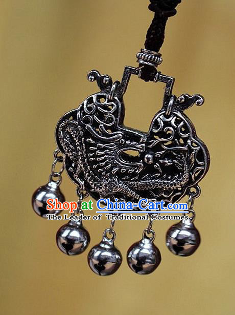 Traditional Chinese Miao Nationality Crafts Jewelry Accessory, Hmong Handmade Miao Silver Bells Tassel Longevity Lock Dragon Pendant, Miao Ethnic Minority Necklace Accessories Sweater Chain Pendant for Women