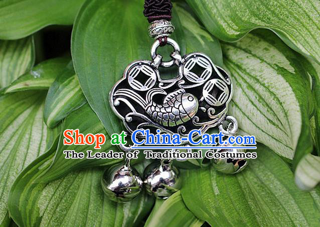 Traditional Chinese Miao Nationality Crafts Jewelry Accessory, Hmong Handmade Miao Silver Bells Tassel Longevity Lock Fish Pendant, Miao Ethnic Minority Necklace Accessories Sweater Chain Pendant for Women