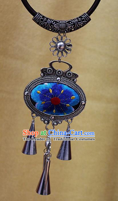 Traditional Chinese Miao Nationality Crafts Jewelry Accessory, Hmong Handmade Miao Silver Bells Tassel Embroidery Pendant, Miao Ethnic Minority Bells Necklace Accessories Sweater Chain Pendant for Women