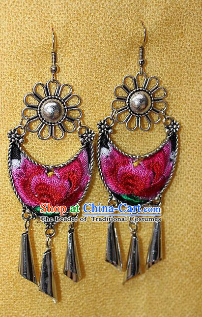 Traditional Chinese Miao Nationality Crafts Jewelry Accessory Classical Earbob Accessories, Hmong Handmade Miao Silver Palace Lady Tassel Embroidery Earrings, Miao Ethnic Minority Eardrop for Women