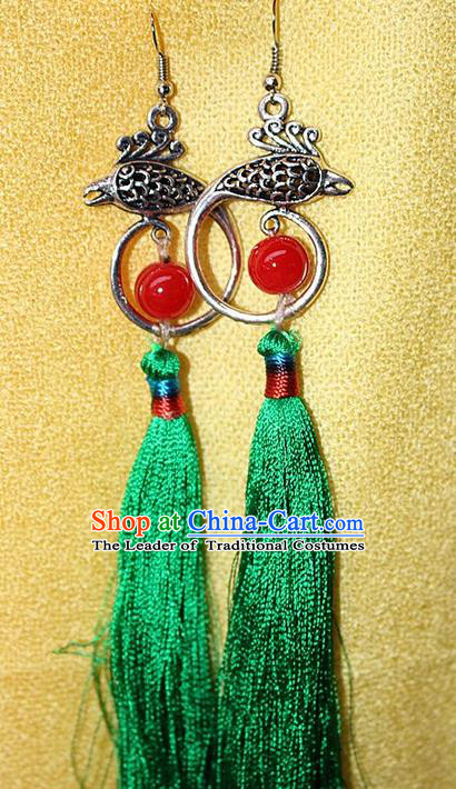 Traditional Chinese Miao Nationality Crafts Jewelry Accessory Classical Earbob Accessories, Hmong Handmade Miao Silver Phoenix Palace Lady Green Silk Tassel Earrings, Miao Ethnic Minority Eardrop for Women