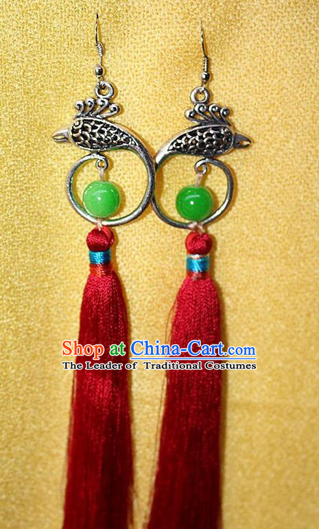Traditional Chinese Miao Nationality Crafts Jewelry Accessory Classical Earbob Accessories, Hmong Handmade Miao Silver Phoenix Palace Lady Red Silk Tassel Earrings, Miao Ethnic Minority Eardrop for Women