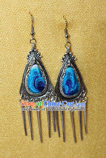 Traditional Chinese Miao Nationality Crafts Jewelry Accessory Classical Earbob Accessories, Hmong Handmade Miao Silver Embroidery Bells Tassel Palace Lady Triangle Earrings, Miao Ethnic Minority Eardrop for Women