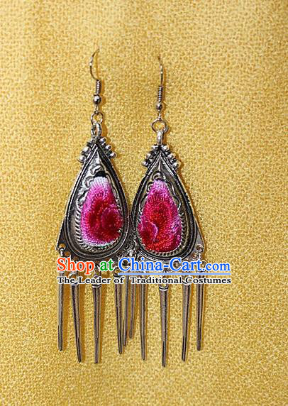Traditional Chinese Miao Nationality Crafts Jewelry Accessory Classical Earbob Accessories, Hmong Handmade Miao Silver Embroidery Bells Tassel Palace Lady Triangle Earrings, Miao Ethnic Minority Eardrop for Women
