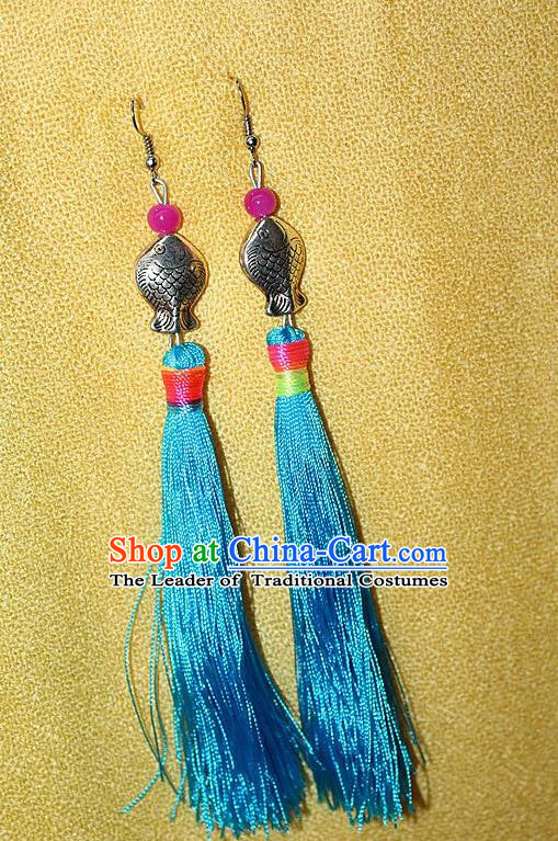 Traditional Chinese Miao Nationality Crafts Jewelry Accessory Classical Earbob Accessories, Hmong Handmade Miao Silver Kiss Fish Palace Lady Blue Silk Tassel Earrings, Miao Ethnic Minority Eardrop for Women