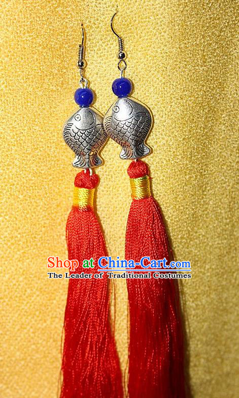 Traditional Chinese Miao Nationality Crafts Jewelry Accessory Classical Earbob Accessories, Hmong Handmade Miao Silver Kiss Fish Palace Lady Red Silk Tassel Earrings, Miao Ethnic Minority Eardrop for Women