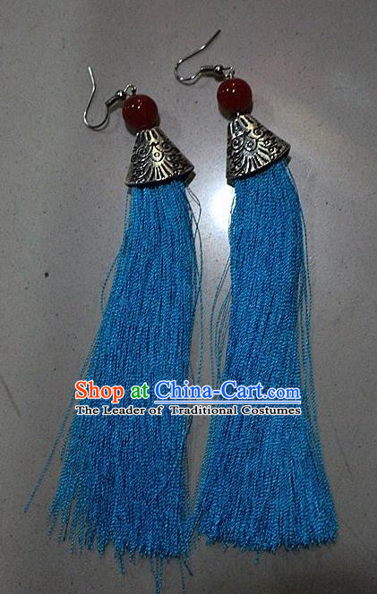 Traditional Chinese Miao Nationality Crafts Jewelry Accessory Classical Earbob Accessories, Hmong Handmade Palace Lady Blue Silk Tassel Earrings, Miao Ethnic Minority Eardrop for Women