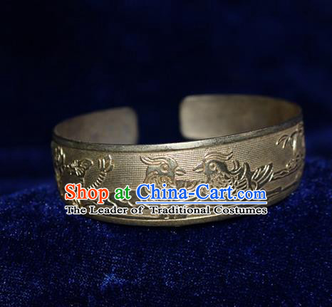 Traditional Chinese Miao Nationality Crafts Jewelry Accessory Bangle, Hmong Handmade Miao Silver Mandarin Duck Bracelet, Miao Ethnic Minority Silver Wide Bracelet Accessories for Women