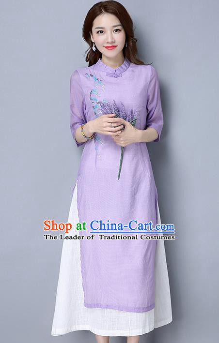 Traditional Ancient Chinese National Costume, Elegant Hanfu Mandarin Qipao Embroidered Dress, China Tang Suit Cheongsam Upper Outer Garment Purple Elegant Dress Clothing for Women
