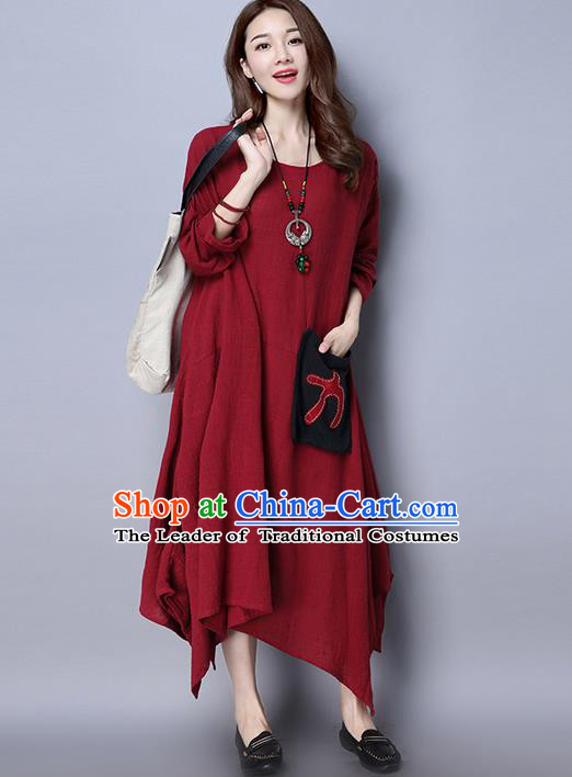 Traditional Ancient Chinese National Costume, Elegant Hanfu Linen Round Collar Red Dress, China Tang Suit Cheongsam Upper Outer Garment Elegant Dress Clothing for Women