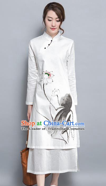 Traditional Ancient Chinese National Costume, Elegant Hanfu Mandarin Qipao Embroidery Ink Lotus Dress, China Tang Suit Cheongsam Upper Outer Garment Elegant Dress Clothing for Women