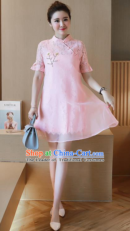 Traditional Ancient Chinese National Costume, Elegant Hanfu Organza Stand Collar Qipao Embroidered Dress, China Tang Suit Cheongsam Upper Outer Garment Elegant Pink Short Dress Clothing for Women