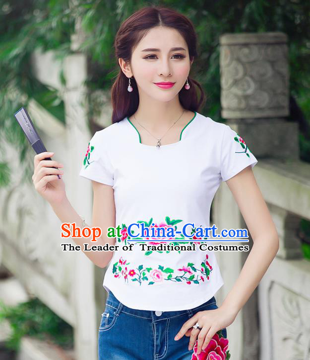 Traditional Ancient Chinese National Costume, Elegant Hanfu Embroidered Peony Flowers Mandarin Collar T-Shirt, China Tang Suit White Blouse Cheongsam Qipao Shirts Clothing for Women