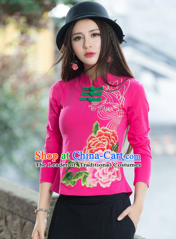 Traditional Ancient Chinese National Costume, Elegant Hanfu Embroidered Peony Flowers Plated Buttons T-Shirt, China Tang Suit Mandarin Collar Pink Blouse Cheongsam Qipao Base Shirts Clothing for Women