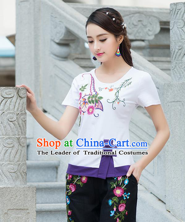 Traditional Chinese National Costume, Elegant Hanfu Embroidered Round Collar T-Shirt, China Tang Suit White Blouse Cheongsam Qipao Shirts Clothing for Women