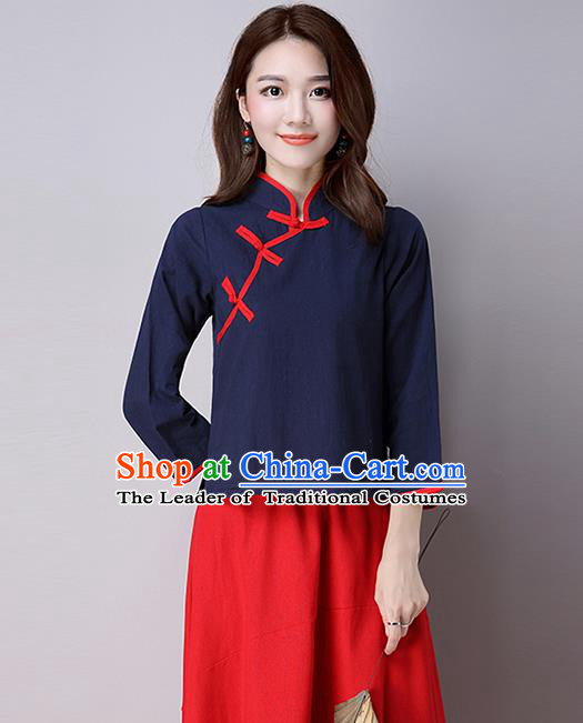 Traditional Ancient Chinese National Costume, Elegant Hanfu Linen Stand Collar Shirt, China Tang Suit Mandarin Collar Blouse Cheongsam Qipao Navy Shirts Clothing for Women