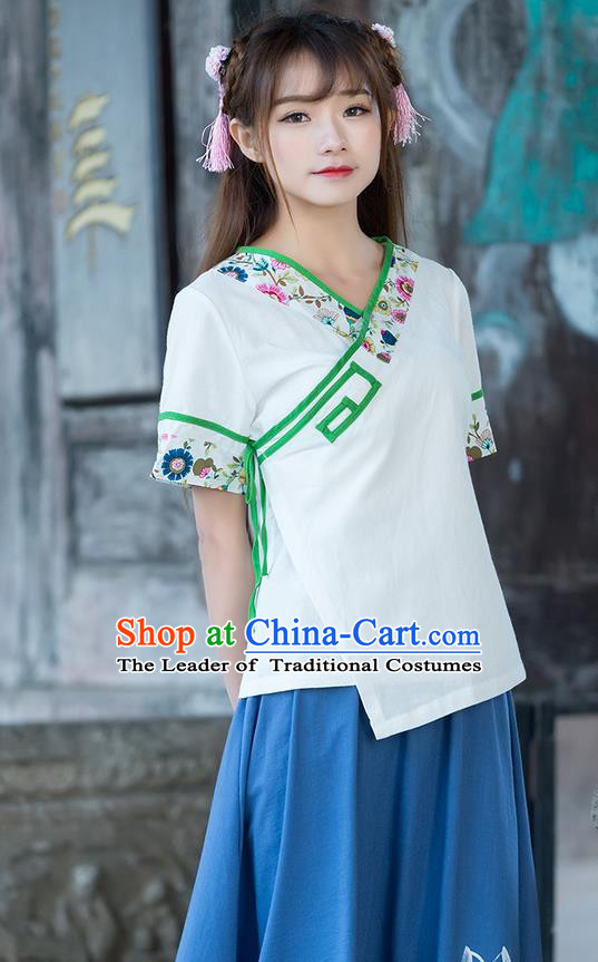 Traditional Ancient Chinese National Costume, Elegant Hanfu Embroidered Slant Opening White Shirt, China Ming Dynasty Tang Suit Blouse Cheongsam Qipao Shirts Clothing for Women