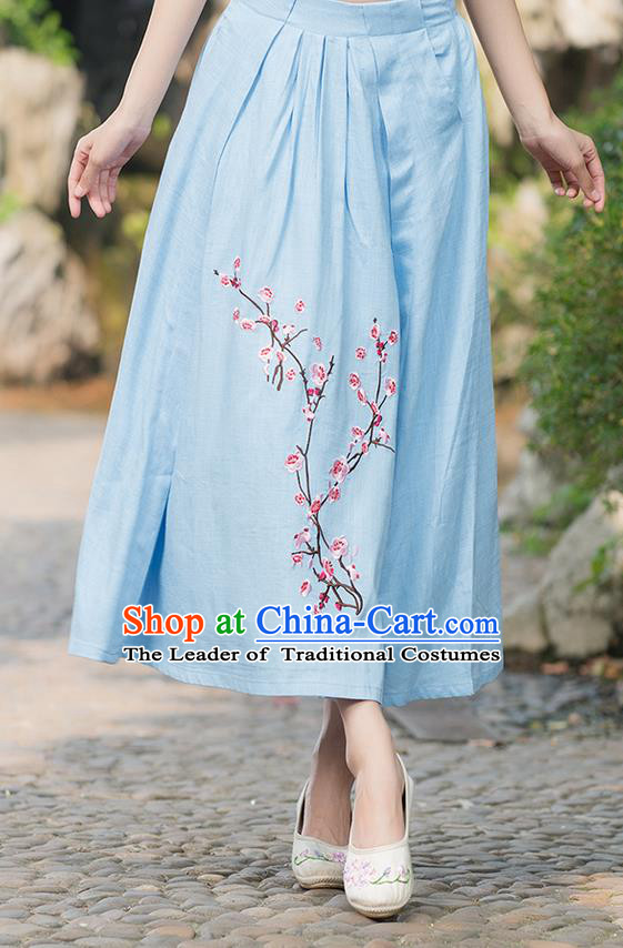 Traditional Ancient Chinese National Costume Pleated Skirt, Elegant Hanfu Embroidered Plum Blossom Linen Blue Dress, China Tang Suit Bust Skirt for Women