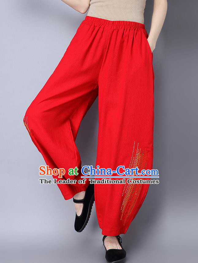 Traditional Chinese National Costume Plus Fours, Elegant Hanfu Embroidered Red Bloomers, China Ethnic Minorities Tang Suit Pantalettes for Women