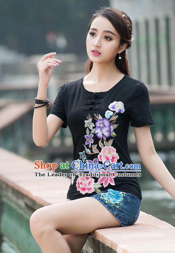 Traditional Chinese National Costume, Elegant Hanfu Embroidery Plate Buttons Black T-Shirt, China Tang Suit Blouse Cheongsam Upper Outer Garment Qipao Shirts Clothing for Women