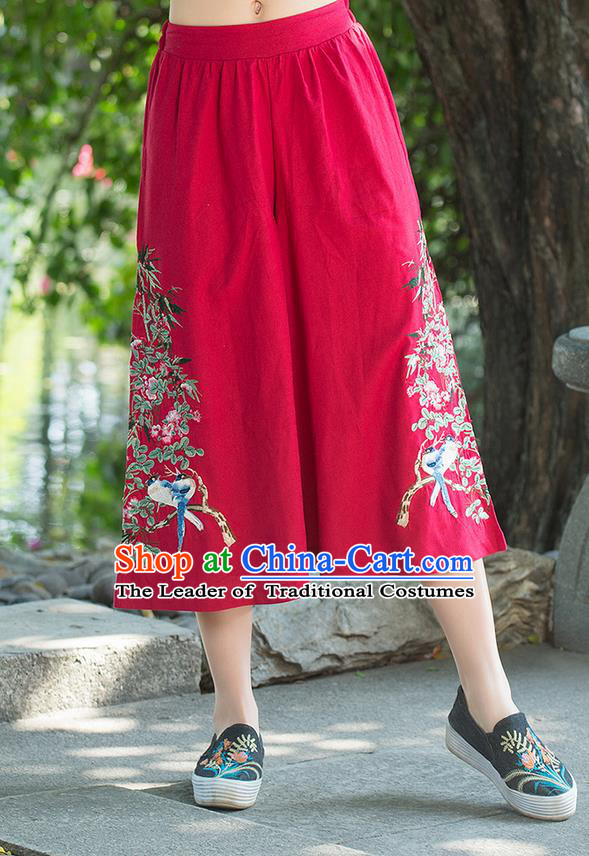 Traditional Chinese National Costume Pantskirt, Elegant Hanfu Embroidered Red Loose Pants, China Ethnic Minorities Tang Suit Ultra-Wide-Leg Trousers for Women