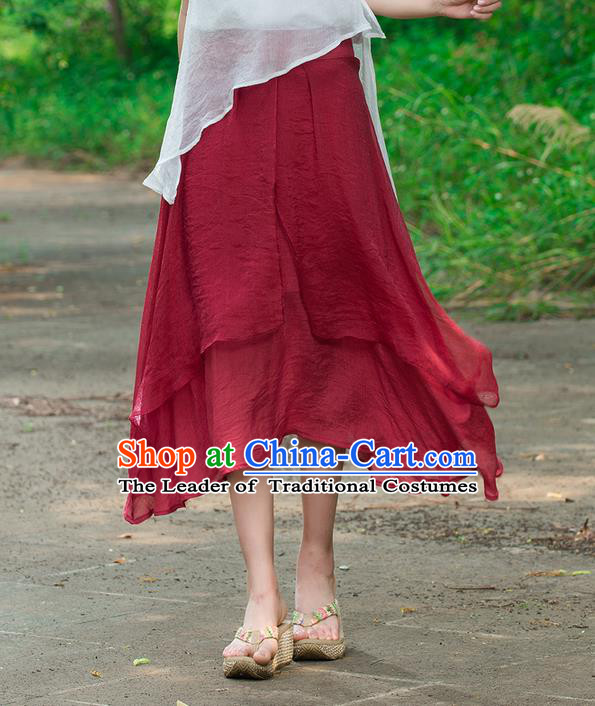 Traditional Ancient Chinese National Pleated Skirt Costume, Elegant Hanfu Linen Red Dress, China Tang Suit Bust Skirt for Women