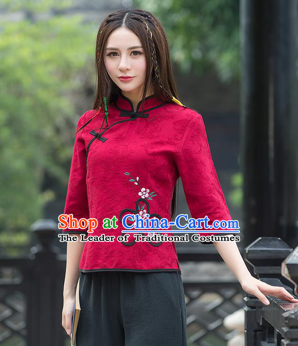 Traditional Ancient Chinese National Costume, Elegant Hanfu Jacquard Weave Slant Opening Red Shirt, China Tang Suit Blouse Cheongsam Qipao Shirts Clothing for Women