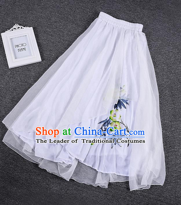 Traditional Chinese National Costume Pleated Skirt, Elegant Hanfu Printing Chiffon White Half Dress, China Tang Suit Bust Skirt for Women