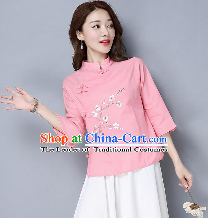 Traditional Chinese National Costume, Elegant Hanfu Embroidery Stand Collar Pink Shirt, China Tang Suit Plated Buttons Blouse Cheongsam Upper Outer Garment Qipao Shirts Clothing for Women