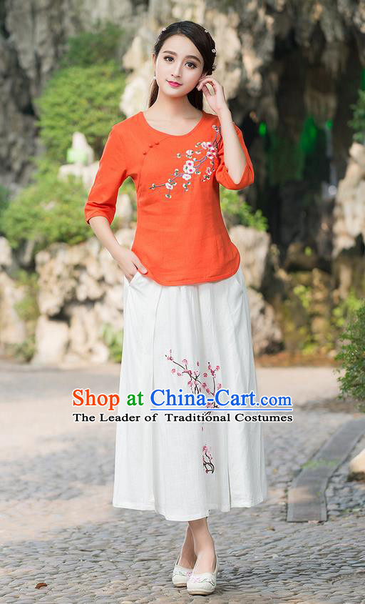 Traditional Chinese National Costume, Elegant Hanfu Embroidery Plum Blossom Round Collar Orange T-Shirt, China Tang Suit Plated Buttons Blouse Cheongsam Upper Outer Garment Qipao Shirts Clothing for Women