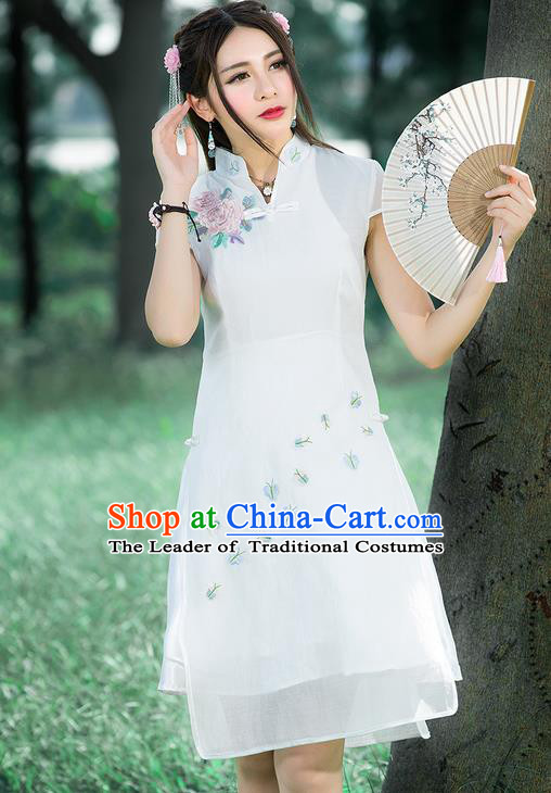 Traditional Ancient Chinese National Costume, Elegant Hanfu Mandarin Qipao Embroidered White Stand Collar Dress, China Tang Suit Plated Buttons Cheongsam Upper Outer Garment Elegant Dress Clothing for Women