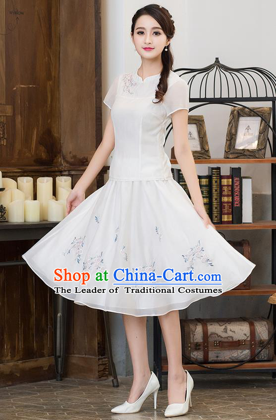 Traditional Ancient Chinese National Pleated Skirt Costume, Elegant Hanfu Embroidered Organza Long Dress, China Tang Suit White Bust Skirt for Women