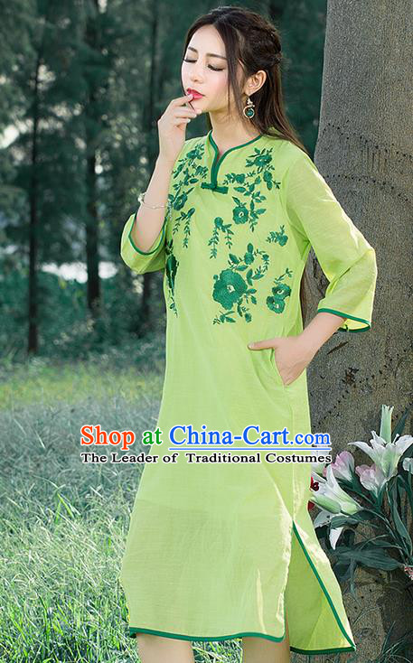 Traditional Ancient Chinese National Costume, Elegant Hanfu Mandarin Qipao Linen Embroidered Chirpaur Green Dress, China Tang Suit Cheongsam Upper Outer Garment Elegant Dress Clothing for Women