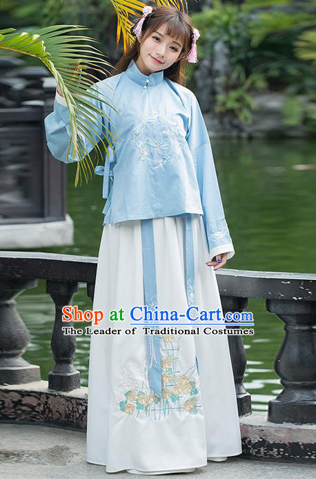 Traditional Ancient Chinese Costume, Elegant Hanfu Clothing Embroidered Stand Collar Blouse and Dress, China Ming Dynasty Elegant Slant Opening Blouse and Skirt Complete Set for Women
