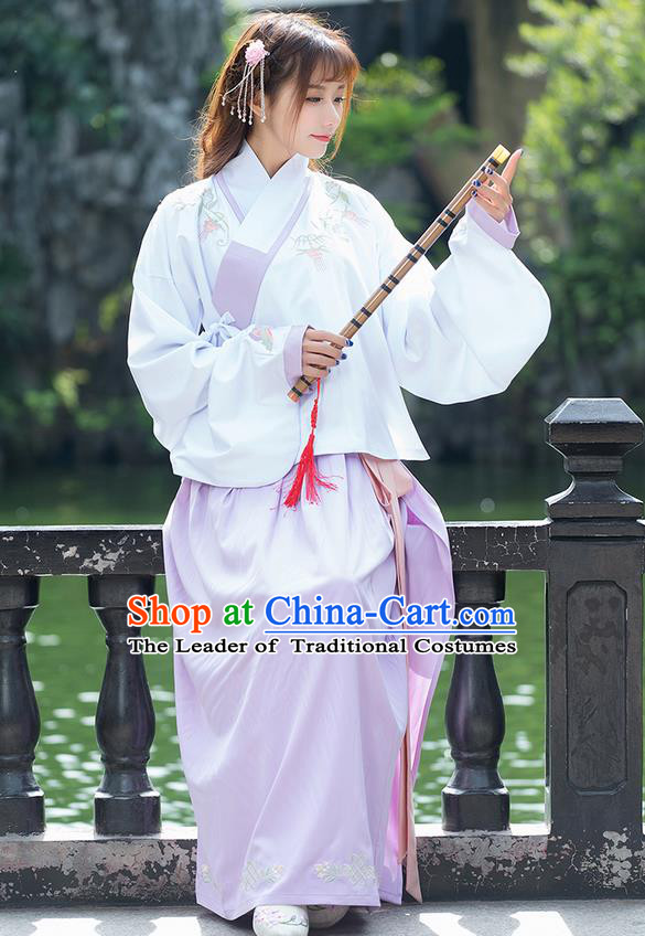 Traditional Ancient Chinese Costume, Elegant Hanfu Clothing Embroidered Sleeve Placket White Blouse and Dress, China Ming Dynasty Elegant Slant Opening Blouse and Skirt Complete Set for Women