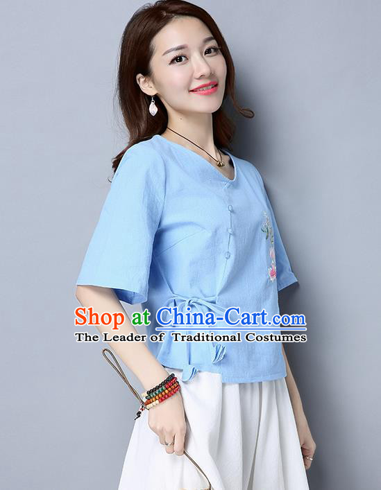 Traditional Chinese National Costume, Elegant Hanfu Embroidery Blue T-Shirt, China Tang Suit Republic of China Plated Buttons Blouse Cheongsam Upper Outer Garment Qipao Shirts Clothing for Women