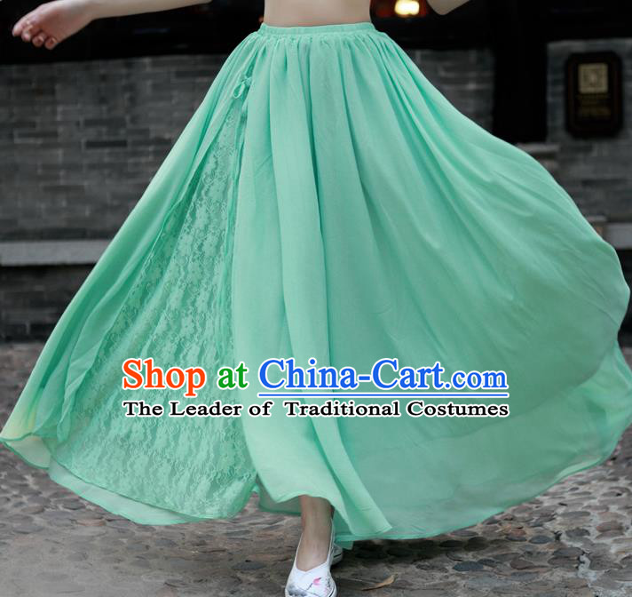 Traditional Ancient Chinese National Pleated Skirt Costume, Elegant Hanfu Chiffon Lace Long Dress, China Tang Suit Big Swing Green Bust Skirt for Women