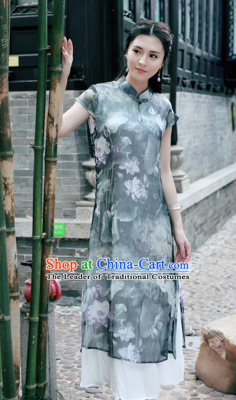 Traditional Ancient Chinese National Costume, Elegant Hanfu Mandarin Qipao Silk Ink Painting Grey Dress, China Tang Suit Chirpaur Republic of China Cheongsam Upper Outer Garment Elegant Dress Clothing for Women