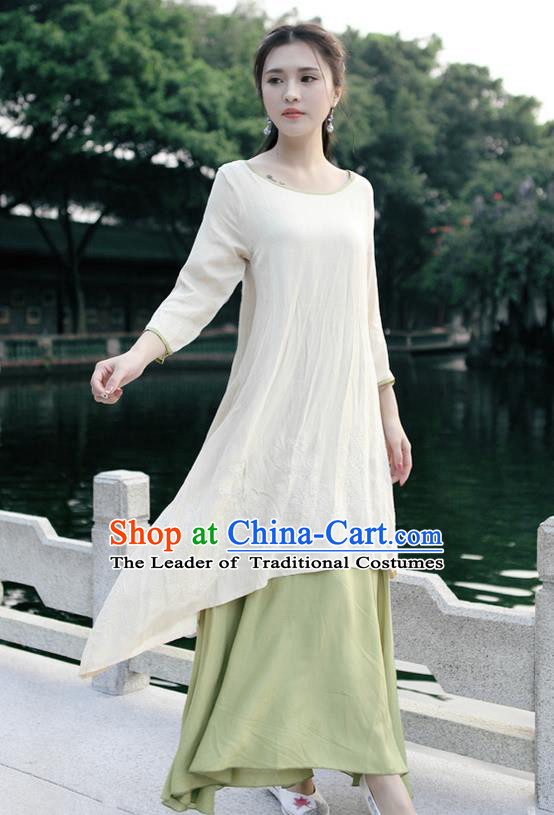 Traditional Ancient Chinese National Costume, Elegant Hanfu Embroidery Linen Apricot Dress, China Tang Suit Chirpaur Republic of China Cheongsam Upper Outer Garment Elegant Dress Clothing for Women