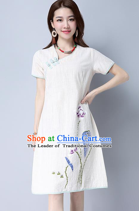 Traditional Ancient Chinese National Costume, Elegant Hanfu Embroidery Linen Printing Dress, China Tang Suit Chirpaur Republic of China Cheongsam Upper Outer Garment Elegant Dress Clothing for Women