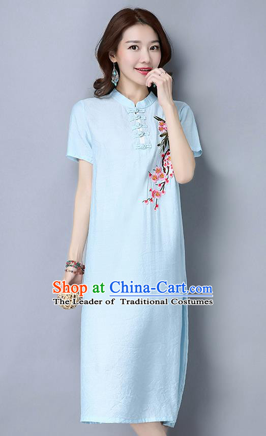 Traditional Ancient Chinese National Costume, Elegant Hanfu Mandarin Qipao Embroidered Peach Blossom Blue Dress, China Tang Suit Stand Collar Chirpaur Republic of China Cheongsam Upper Outer Garment Elegant Dress Clothing for Women