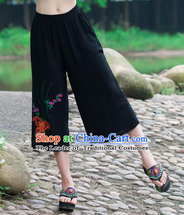 Traditional Chinese National Costume Loose Pants, Elegant Hanfu Embroidered Butterfly Black Wide-leg Trousers, China Ethnic Minorities Folk Dance Baggy Pants for Women