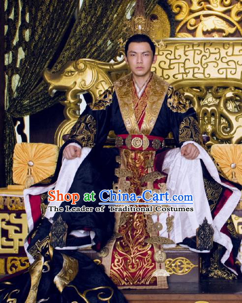 Traditional Ancient Chinese Imperial Emperor Costume, Chinese Warring States Period Majesty Dress, Chinese King Dragon Robes, Ancient China Imperial Padishah Tailing Embroidered Clothing for Men