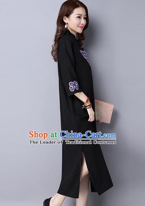 Traditional Ancient Chinese National Costume, Elegant Hanfu Mandarin Qipao Patch Embroidery Black Dress, China Tang Suit Chirpaur Republic of China Cheongsam Upper Outer Garment Elegant Dress Clothing for Women